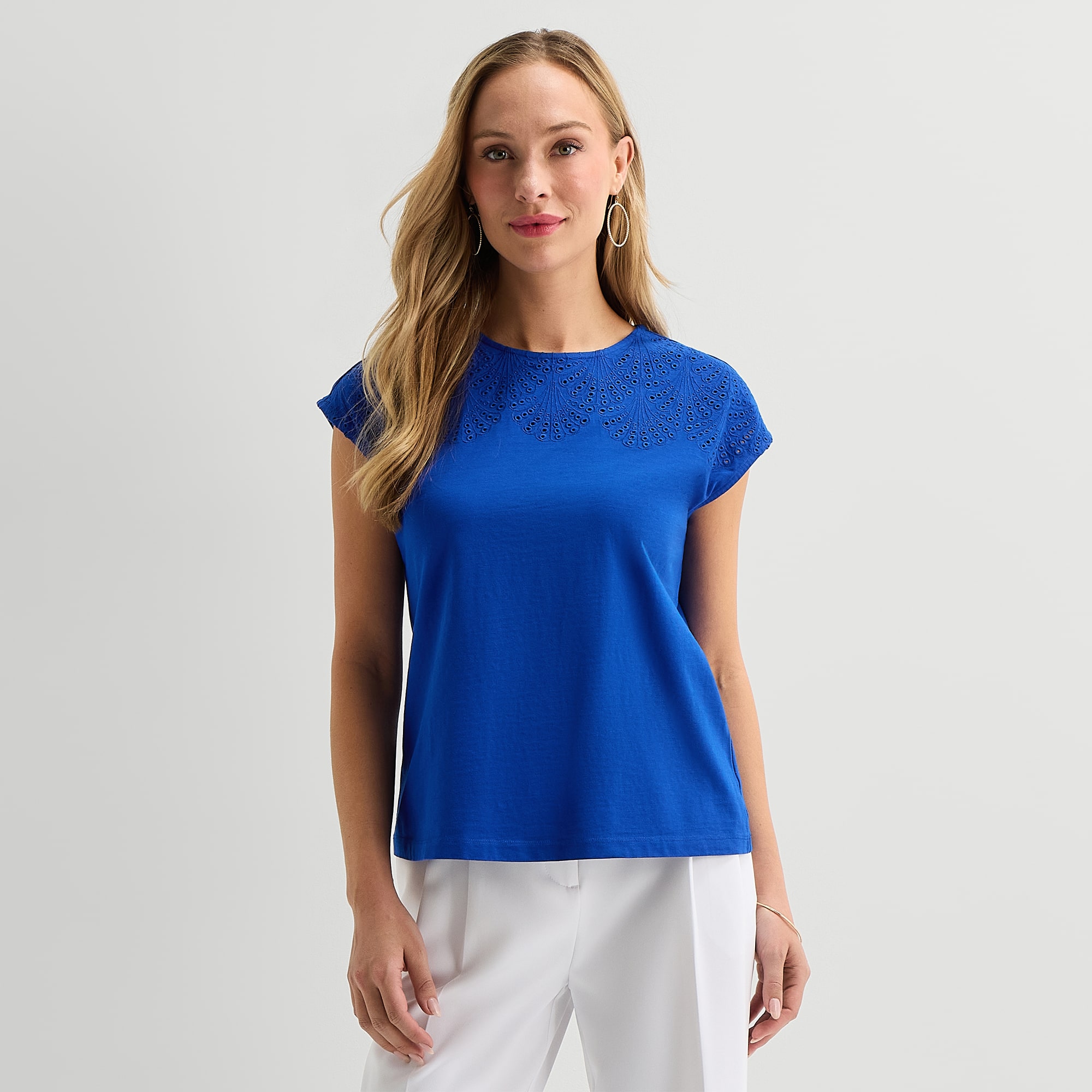 Liz Claiborne Womens Crew Neck Short Sleeve Embroidered Blouse