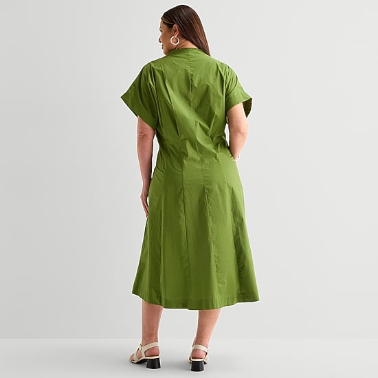 Liz Claiborne Womens Plus Midi V Neck Short Sleeve A-Line Dress