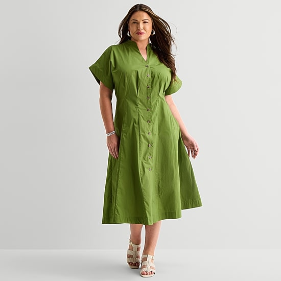 Liz Claiborne Womens Plus Midi V Neck Short Sleeve A-Line Dress