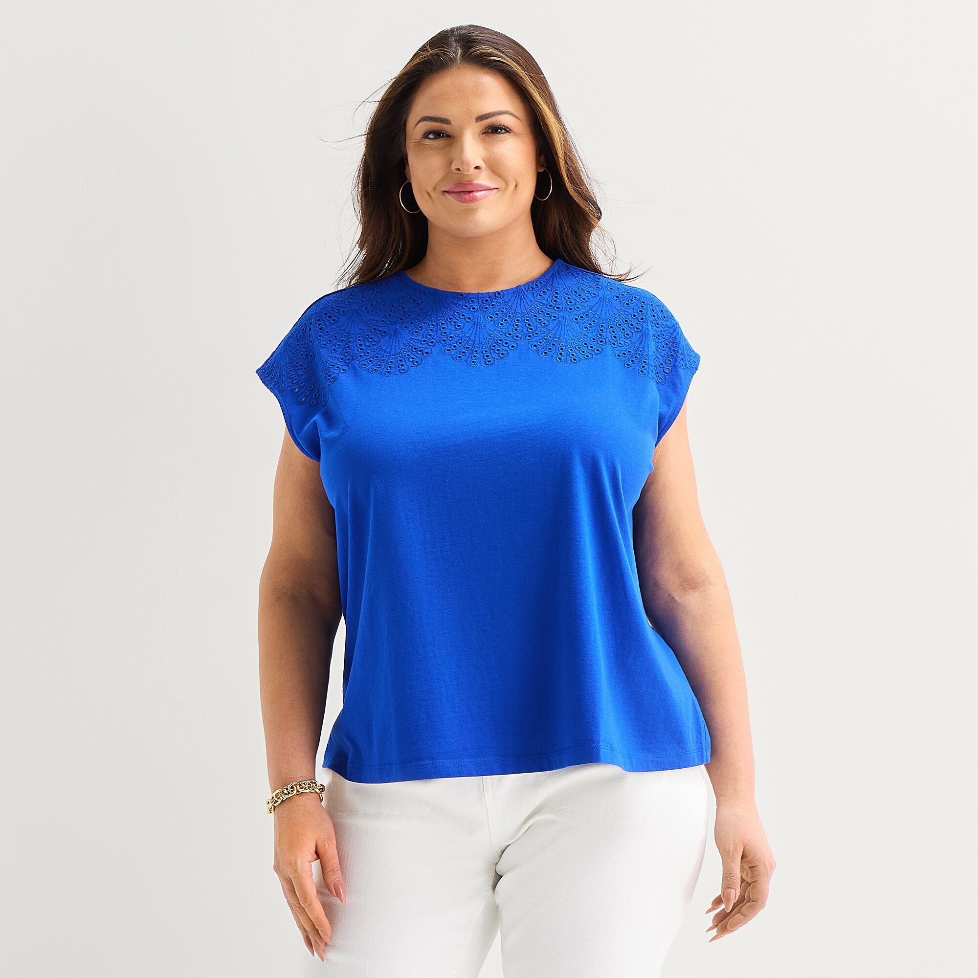 Liz Claiborne Womens Plus Crew Neck Short Sleeve Embellished Blouse