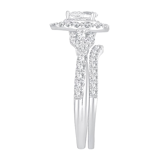 Womens 1 CT. T.W. Natural White Diamond 10K Gold Pear Side Stone Halo Bridal Set