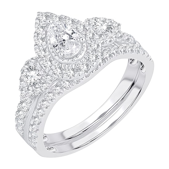 Womens 1 CT. T.W. Natural White Diamond 10K Gold Pear Side Stone Halo Bridal Set