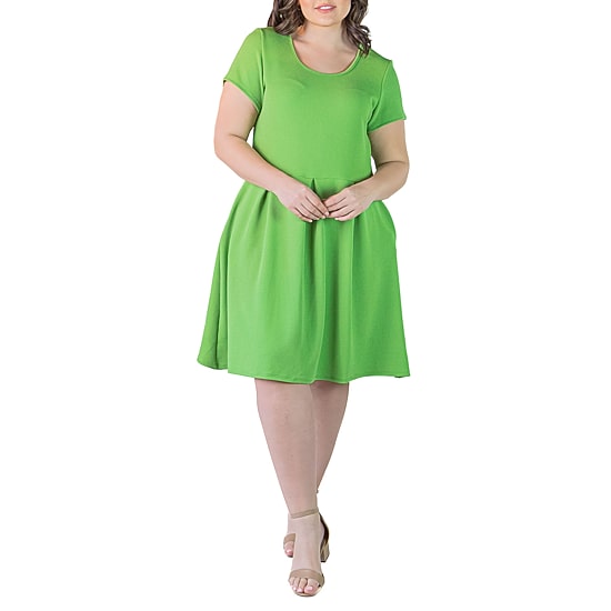 24seven Comfort Apparel Womens Plus Scoop Neck Short Sleeve Fit + Flare Dress