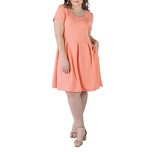 24seven Comfort Apparel Womens Plus Scoop Neck Short Sleeve Fit + Flare Dress, 2x, Orange