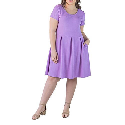 24seven Comfort Apparel Womens Plus Scoop Neck Short Sleeve Fit + Flare Dress, 3x, Purple