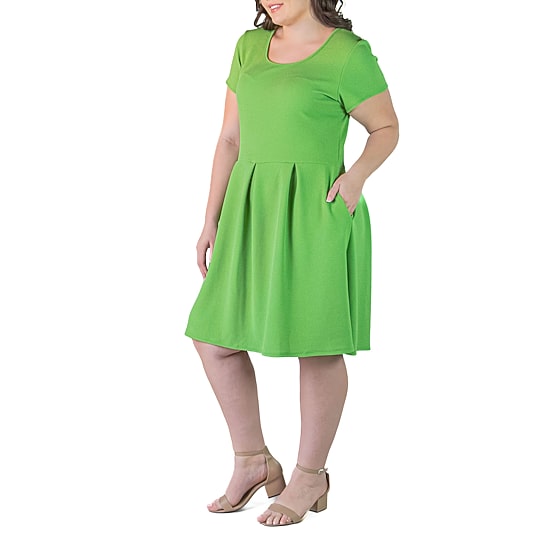24seven Comfort Apparel Womens Plus Scoop Neck Short Sleeve Fit + Flare Dress