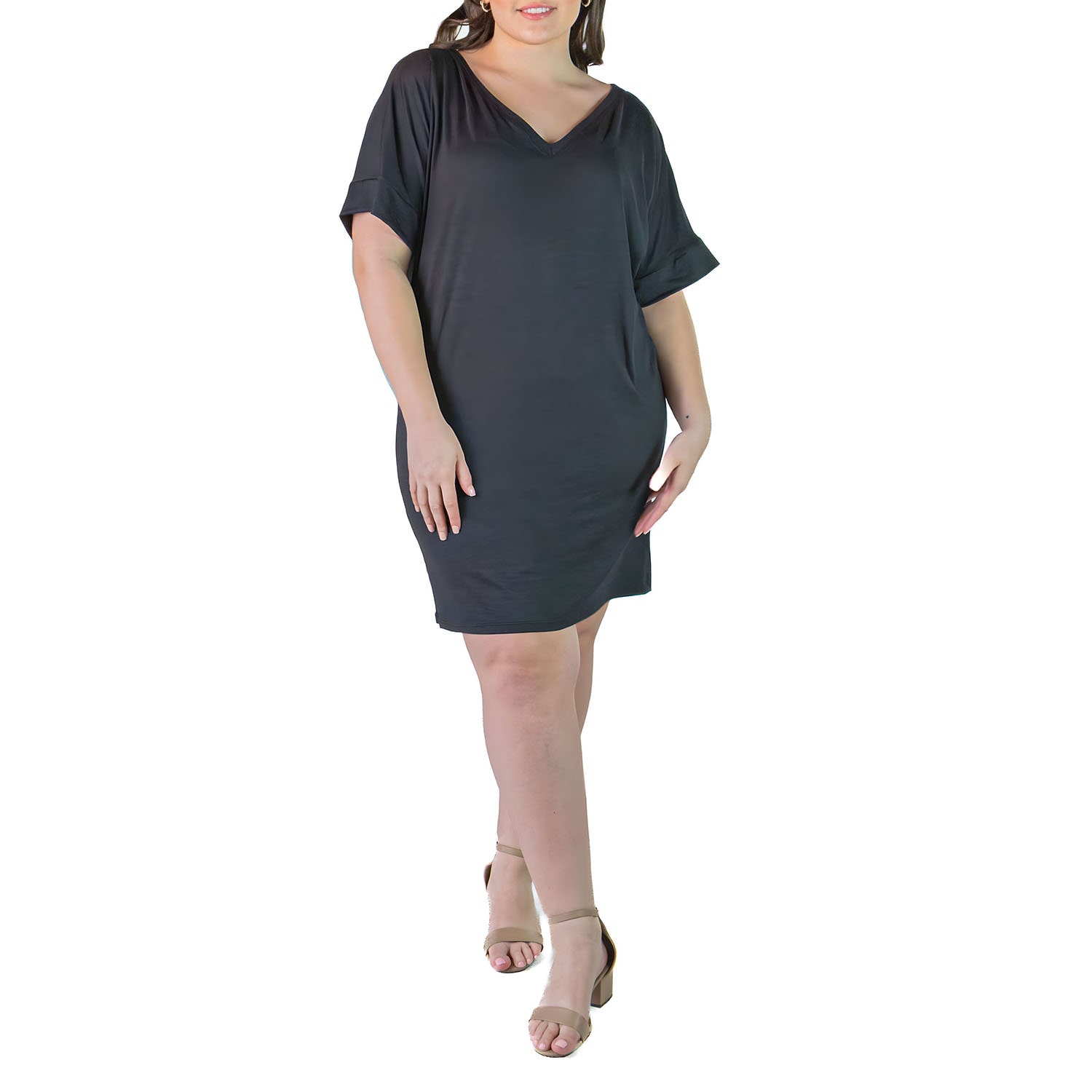 24seven Comfort Apparel Womens Plus V Neck Short Sleeve A-Line Dress