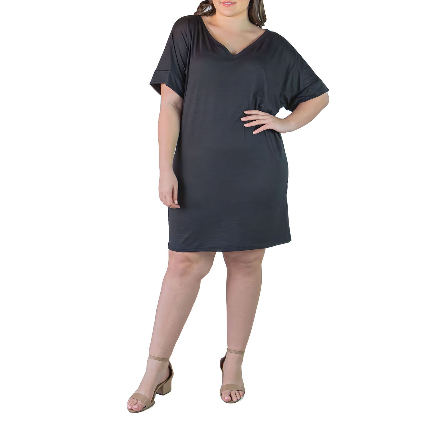 24seven Comfort Apparel Womens Plus V Neck Short Sleeve A-Line Dress