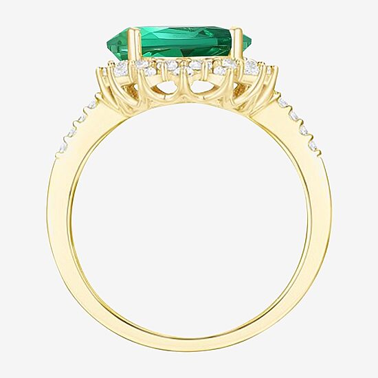 Womens Lab Created Green Emerald 14K Gold Over Silver Sterling Silver Pear Halo Side Stone Cocktail Ring