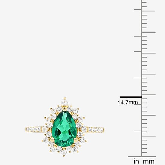 Womens Lab Created Green Emerald 14K Gold Over Silver Sterling Silver Pear Halo Side Stone Cocktail Ring