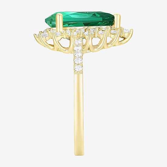 Womens Lab Created Green Emerald 14K Gold Over Silver Sterling Silver Pear Halo Side Stone Cocktail Ring