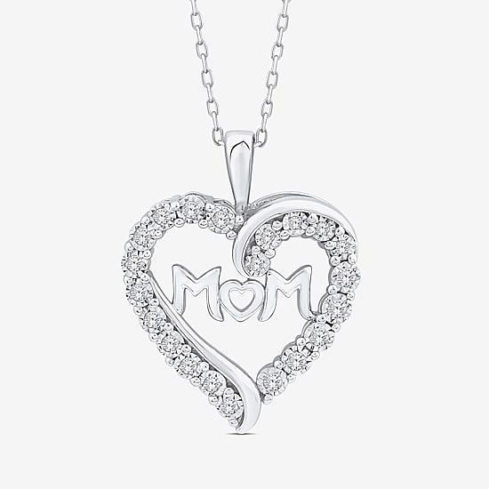 "Mom" Womens 1/4 CT. T.W. Lab Grown White Diamond Sterling Silver Heart 18 Inch Pendant Necklace