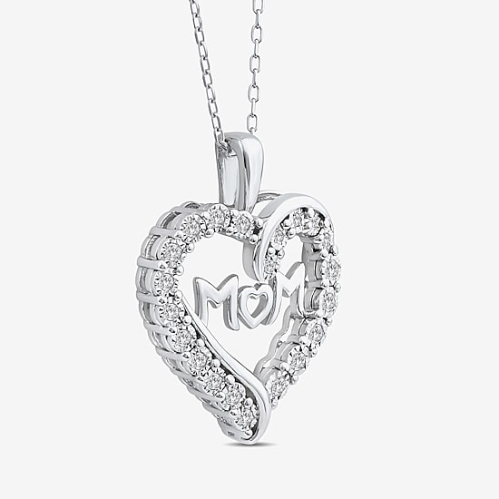 "Mom" Womens 1/4 CT. T.W. Lab Grown White Diamond Sterling Silver Heart 18 Inch Pendant Necklace