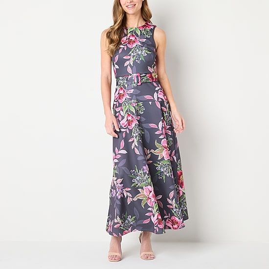 jcpenney formal womens dresses Melonie T Womens Round Neck Sleeveless Belted Floral Evening Gown, Color:  Grape Pink Multi