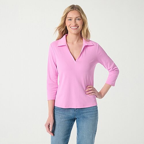 Gloria Vanderbilt Women's Neve V-Neck 3/4-Sleeve Knit Polo - Blooming Orchid