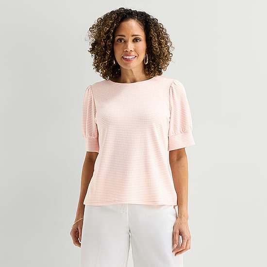 Liz Claiborne Textured Womens Crew Neck Short Sleeve Blouse