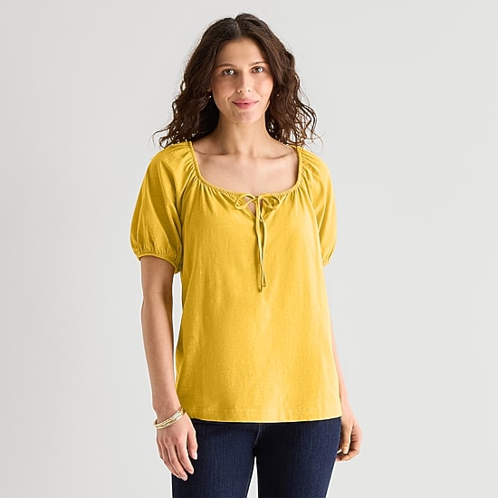 St. John's Bay Womens Split Tie Neck Short Sleeve Blouse