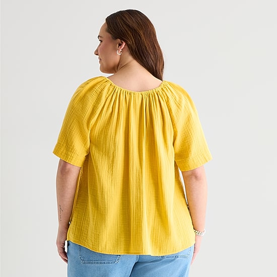 St. John's Bay Womens Plus Split Tie Neck Short Sleeve Blouse