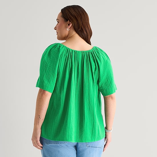 St. John's Bay Womens Plus Split Tie Neck Short Sleeve Blouse