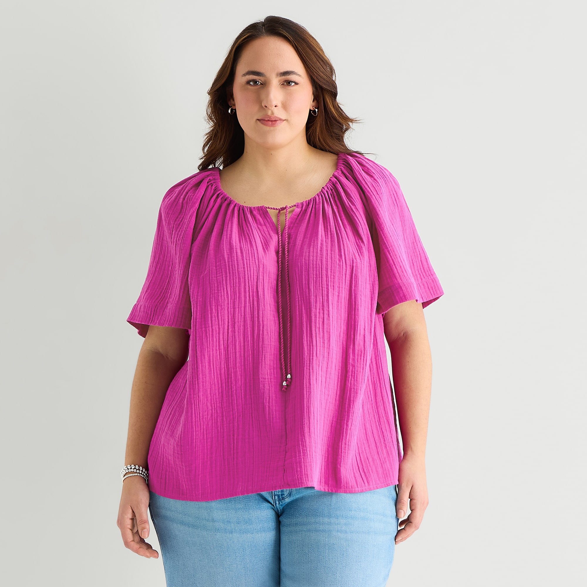 St. John's Bay Womens Plus Split Tie Neck Short Sleeve Blouse