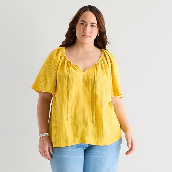 St. John's Bay Womens Plus Split Tie Neck Short Sleeve Blouse