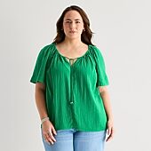 St. John's Bay Womens Plus Split Tie Neck Short Sleeve Blouse