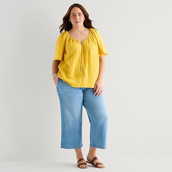 St. John's Bay Womens Plus Split Tie Neck Short Sleeve Blouse