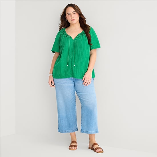 St. John's Bay Womens Plus Split Tie Neck Short Sleeve Blouse