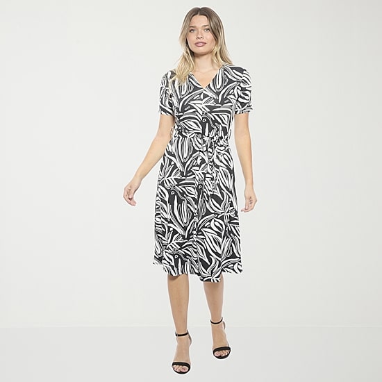 24seven Comfort Apparel Womens Midi V Neck Short Sleeve Abstract A-Line Dress