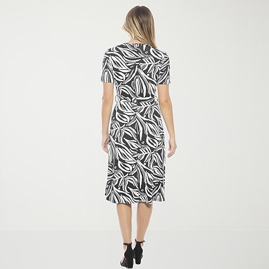 24seven Comfort Apparel Womens Midi V Neck Short Sleeve Abstract A-Line Dress