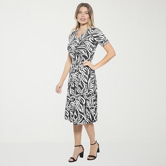 24seven Comfort Apparel Womens Midi V Neck Short Sleeve Abstract A-Line Dress