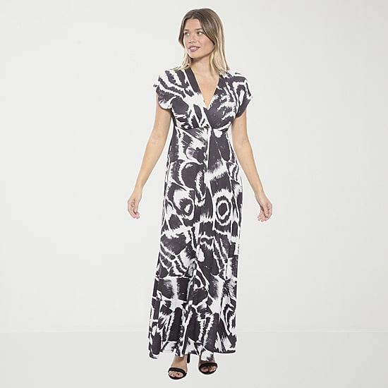 24seven Comfort Apparel Womens V Neck Short Sleeve Cap Abstract Empire Waist Dress