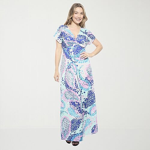 24seven Comfort Apparel Womens V Neck Short Sleeve Cap Abstract Empire Waist Dress, Medium, Blue