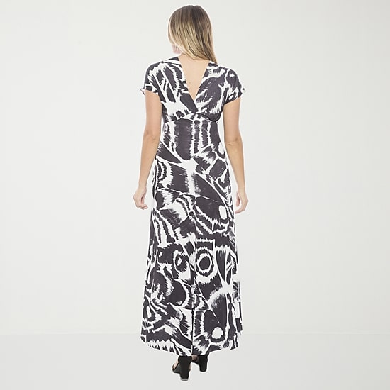 24seven Comfort Apparel Womens V Neck Short Sleeve Cap Abstract Empire Waist Dress