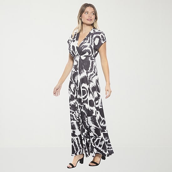 24seven Comfort Apparel Womens V Neck Short Sleeve Cap Abstract Empire Waist Dress