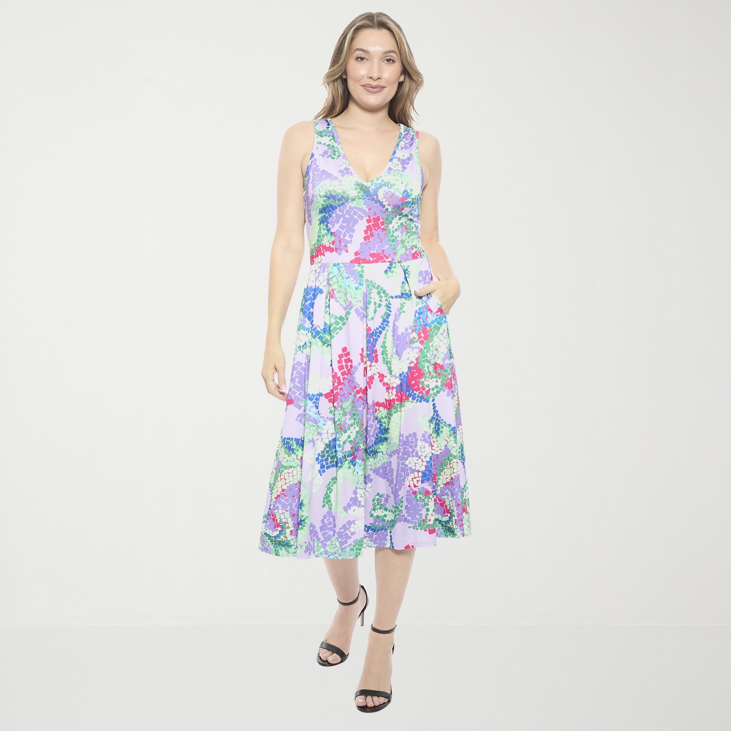 24seven Comfort Apparel Womens Midi V Neck Sleeveless Paisley Fit + Flare Dress