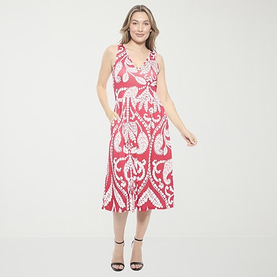 24seven Comfort Apparel Womens Midi V Neck Sleeveless Paisley Fit + Flare Dress