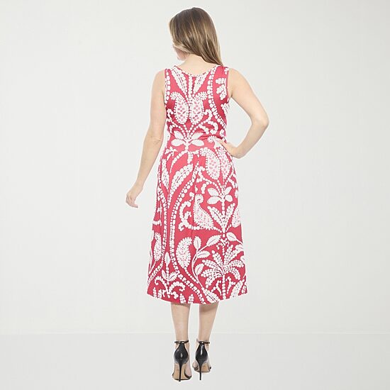 24seven Comfort Apparel Womens Midi V Neck Sleeveless Paisley Fit + Flare Dress