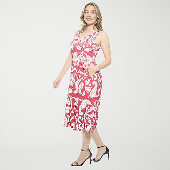 24seven Comfort Apparel Womens Midi V Neck Sleeveless Paisley Fit + Flare Dress