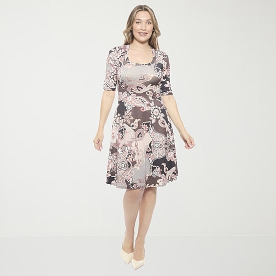 24seven Comfort Apparel Womens Elbow Sleeve Paisley Skater Dress