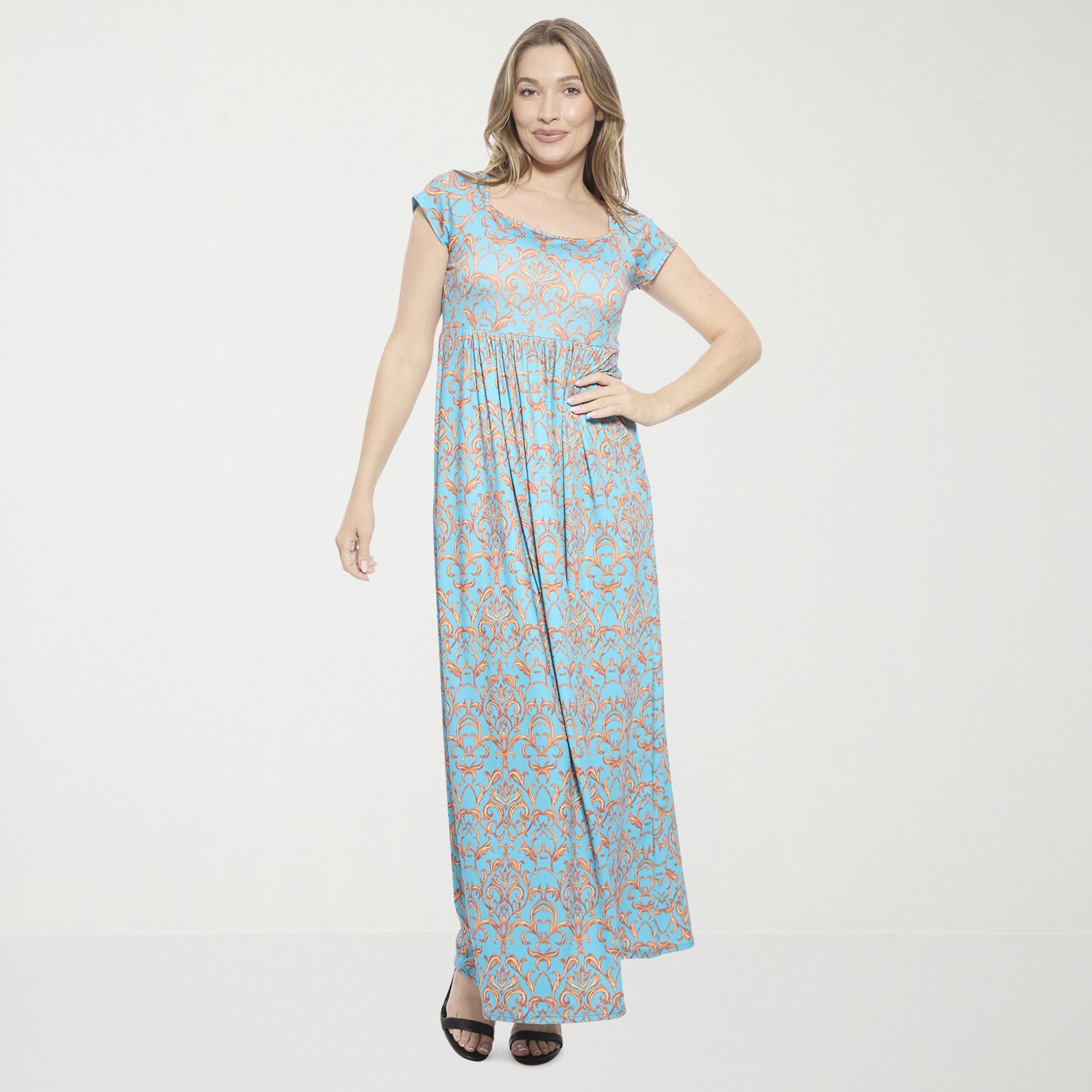 24seven Comfort Apparel Womens Square Neck Short Sleeve Cap Maxi Dress