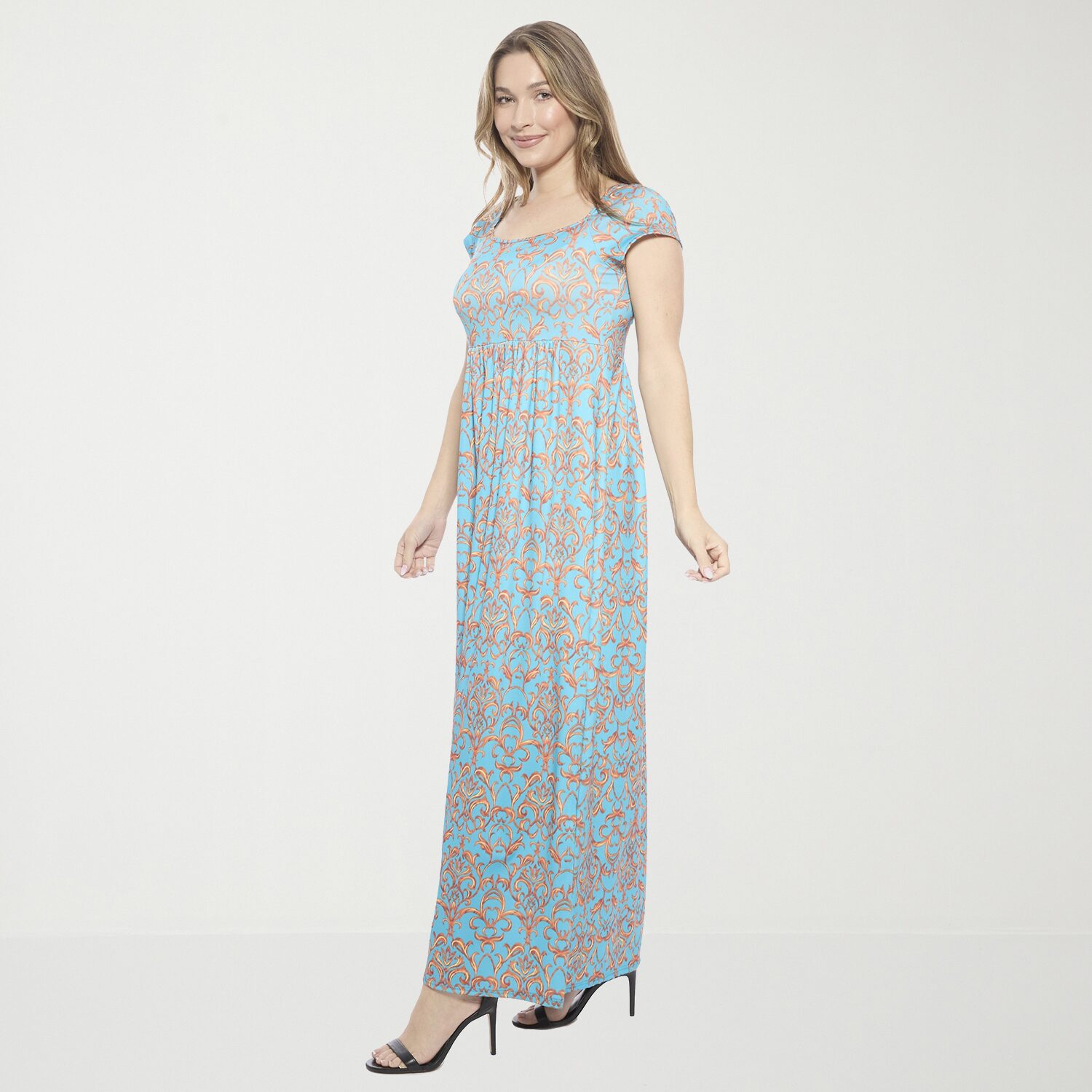 24seven Comfort Apparel Womens Square Neck Short Sleeve Cap Maxi Dress