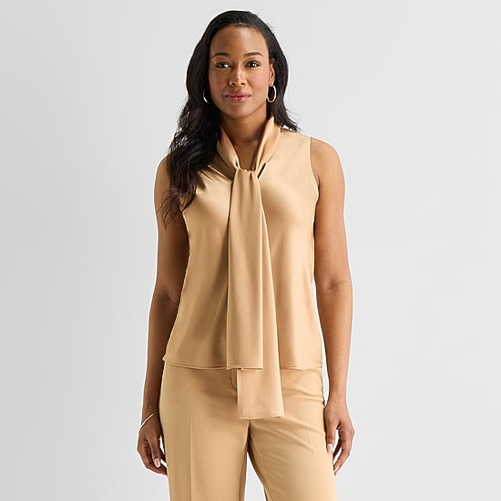 Black Label by Evan-Picone Womens Split Tie Neck Sleeveless Blouse