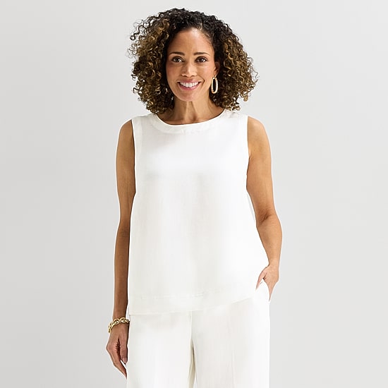 Liz Claiborne Linen Blend Womens Round Neck Sleeveless Blouse