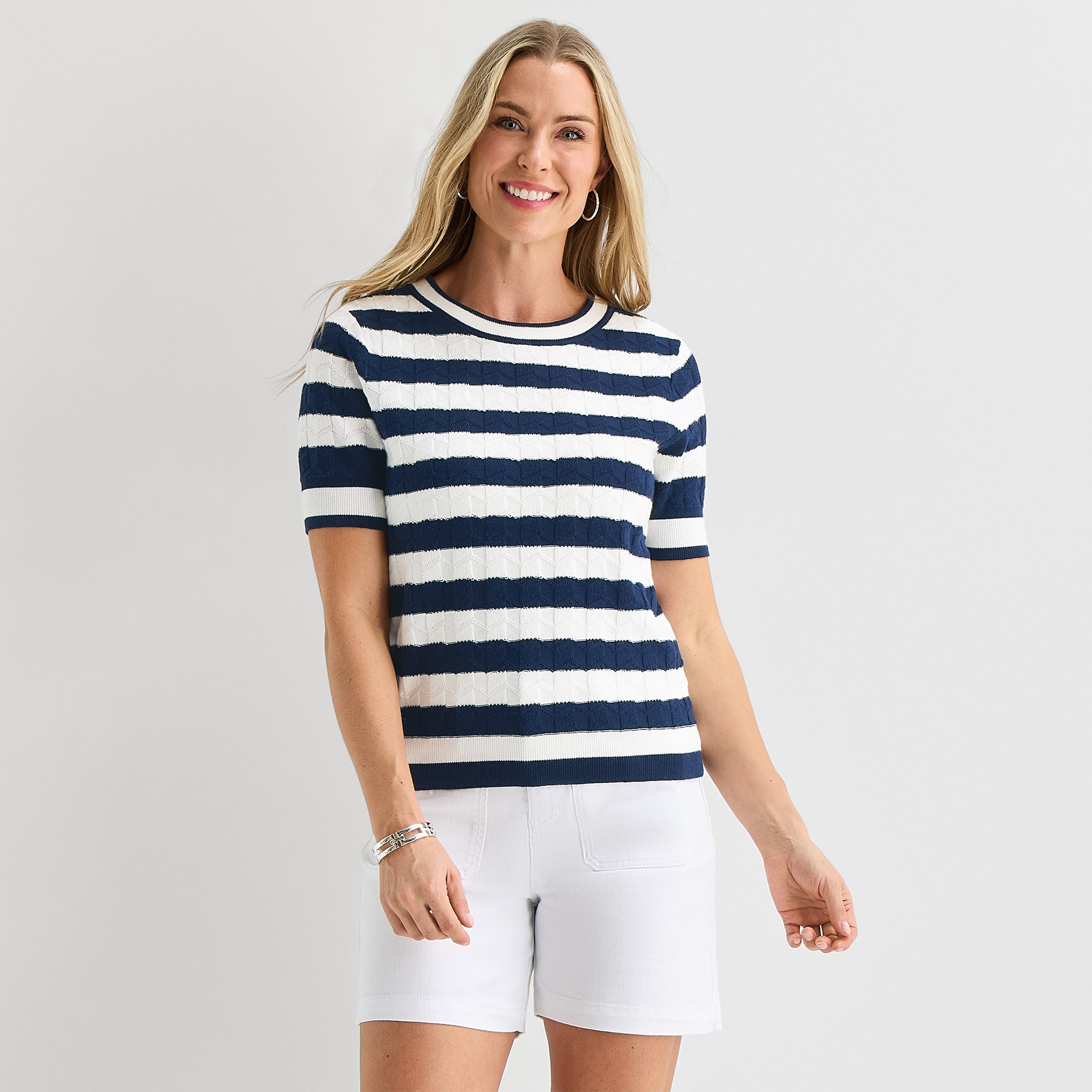 Liz Claiborne Womens Crew Neck Short Sleeve Striped Pullover Sweater