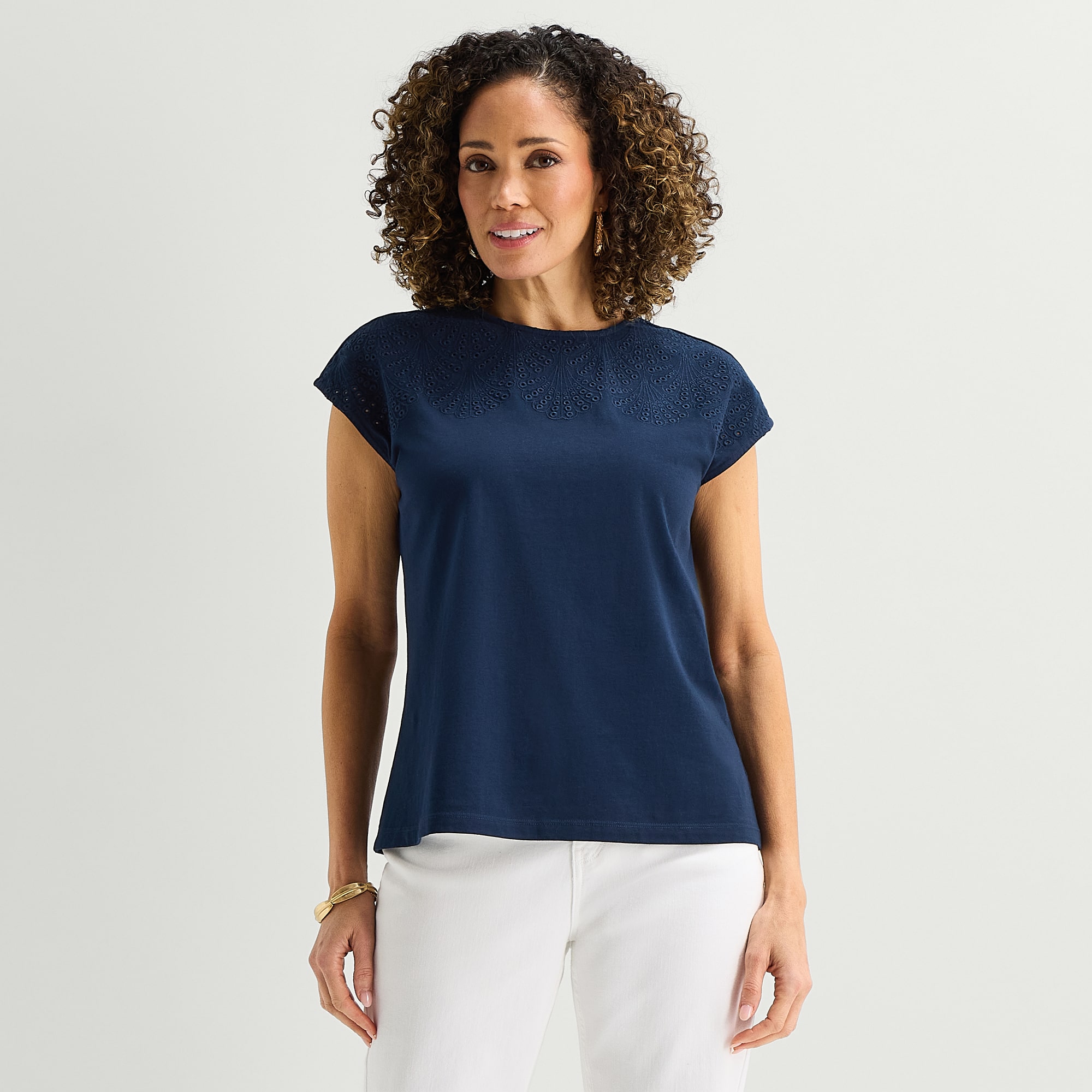 Liz Claiborne Womens Crew Neck Short Sleeve Embroidered Blouse