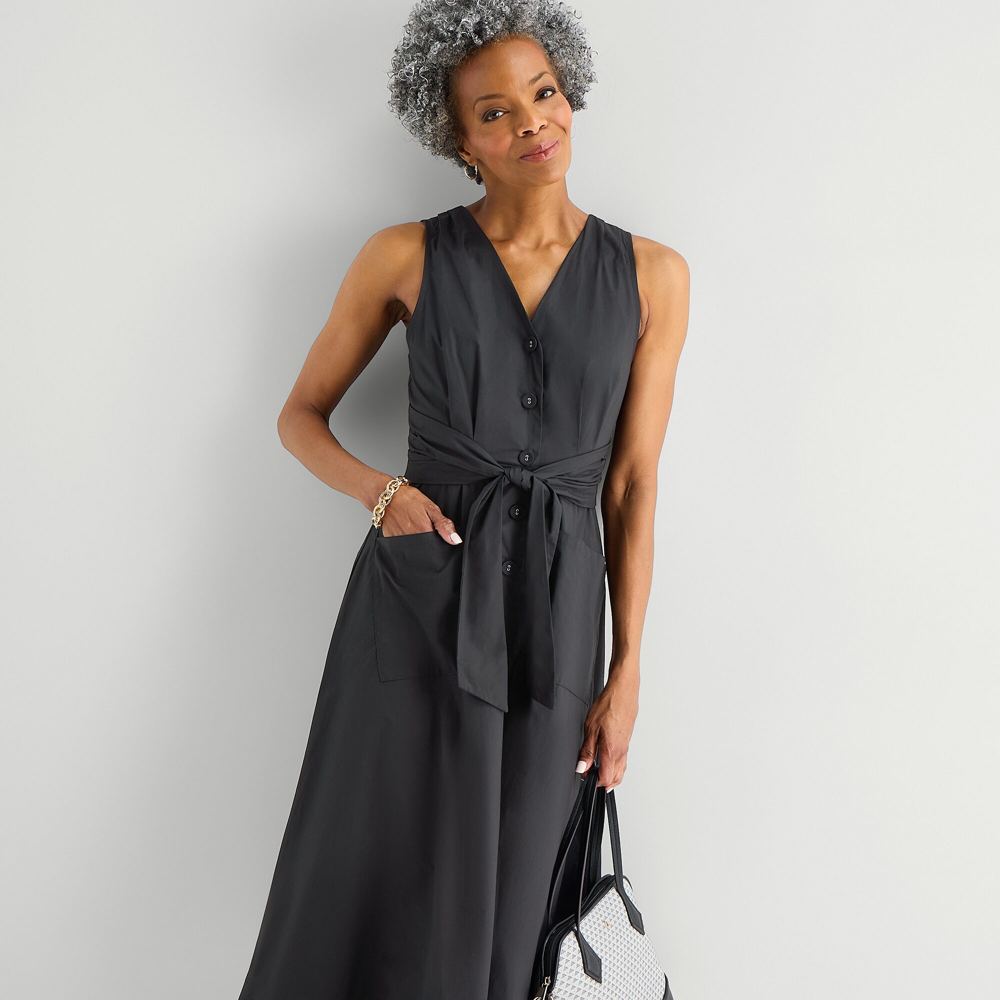 Liz Claiborne Womens Midi V Neck Sleeveless A-Line Dress