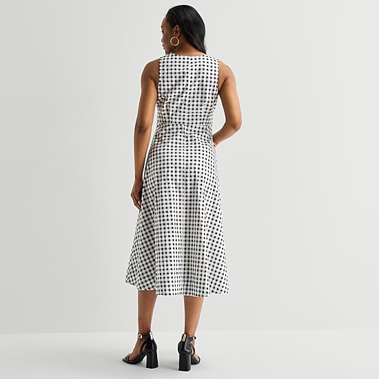 Liz Claiborne Womens Midi V Neck Sleeveless Gingham A-Line Dress