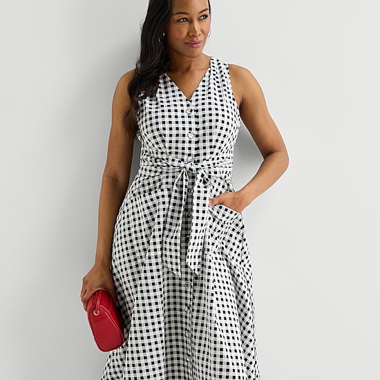 Liz Claiborne Womens Midi V Neck Sleeveless Gingham A-Line Dress