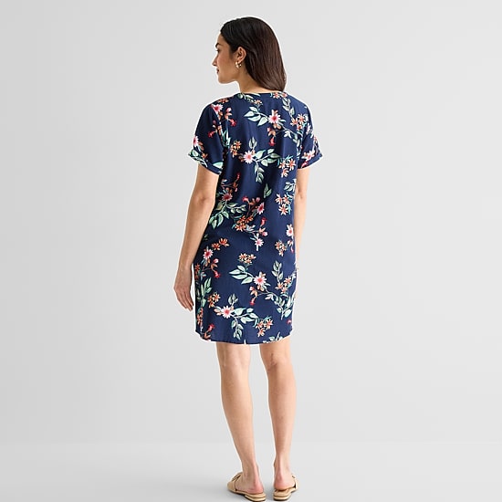 St. John's Bay Womens V Neck Short Sleeve Plaid Shift Dress